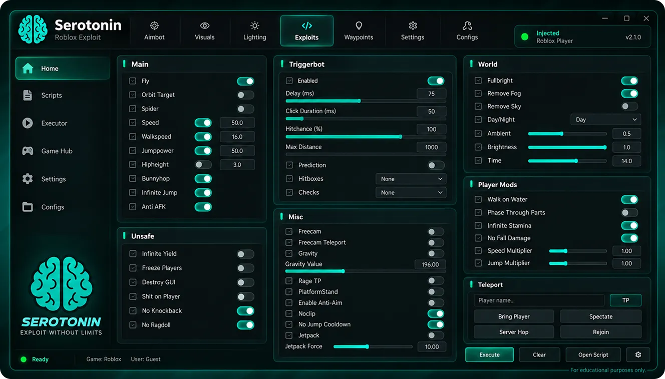 Serotonin External overlay showing ESP module, aim helper and config manager